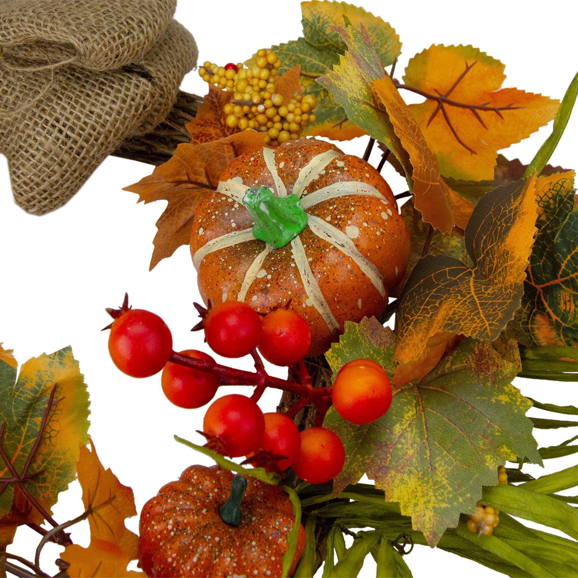 20" Autumn Harvest Decorative Artificial Pumpkins, Berries and Leaves Wreath with Burlap Bow